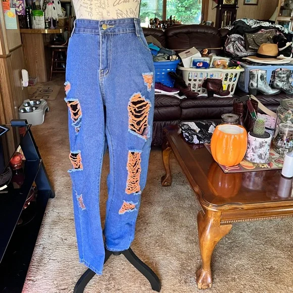 High Rise Jeans for Women Trendy 90s Denim Straight Leg Jeans orange thread rips - Picture 16 of 16